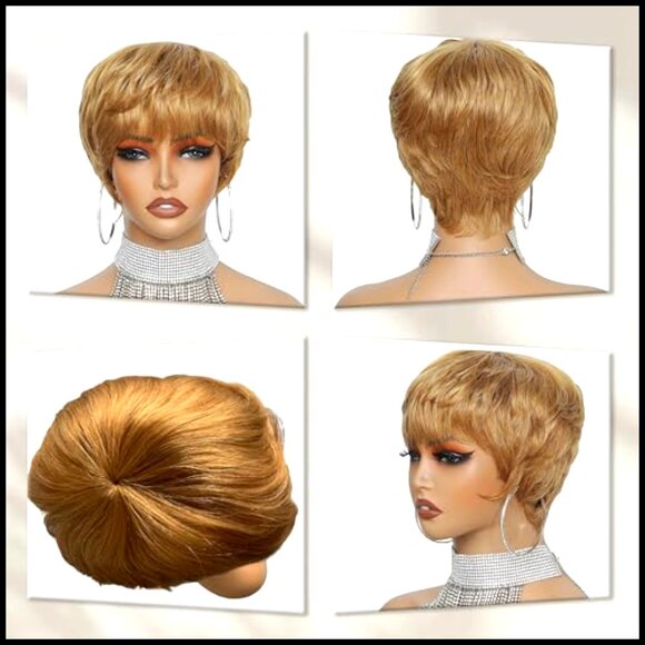 Short Pixie Cut Human Hair Wig Glueless Pre Plucked With Bangs Daily Wear
